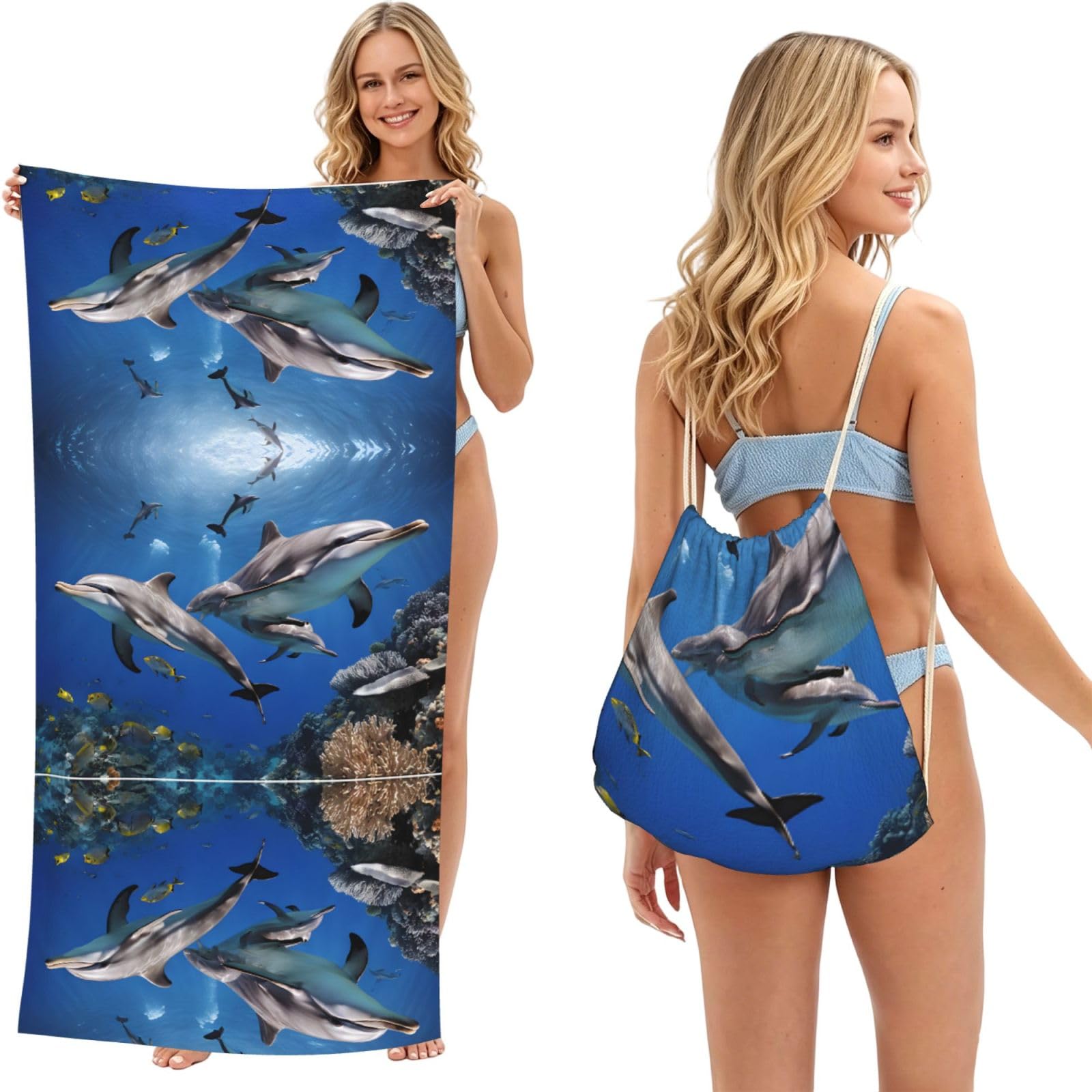 ESNAIUVCD Killer Whale Print Print Beach Towel For Adults,Towel With Drawstring Bag, Travel Pool Swimming Sports Shower Sand Free Quick Dry Bath Towel For Pool, Beach, Yoga- 180x60cm