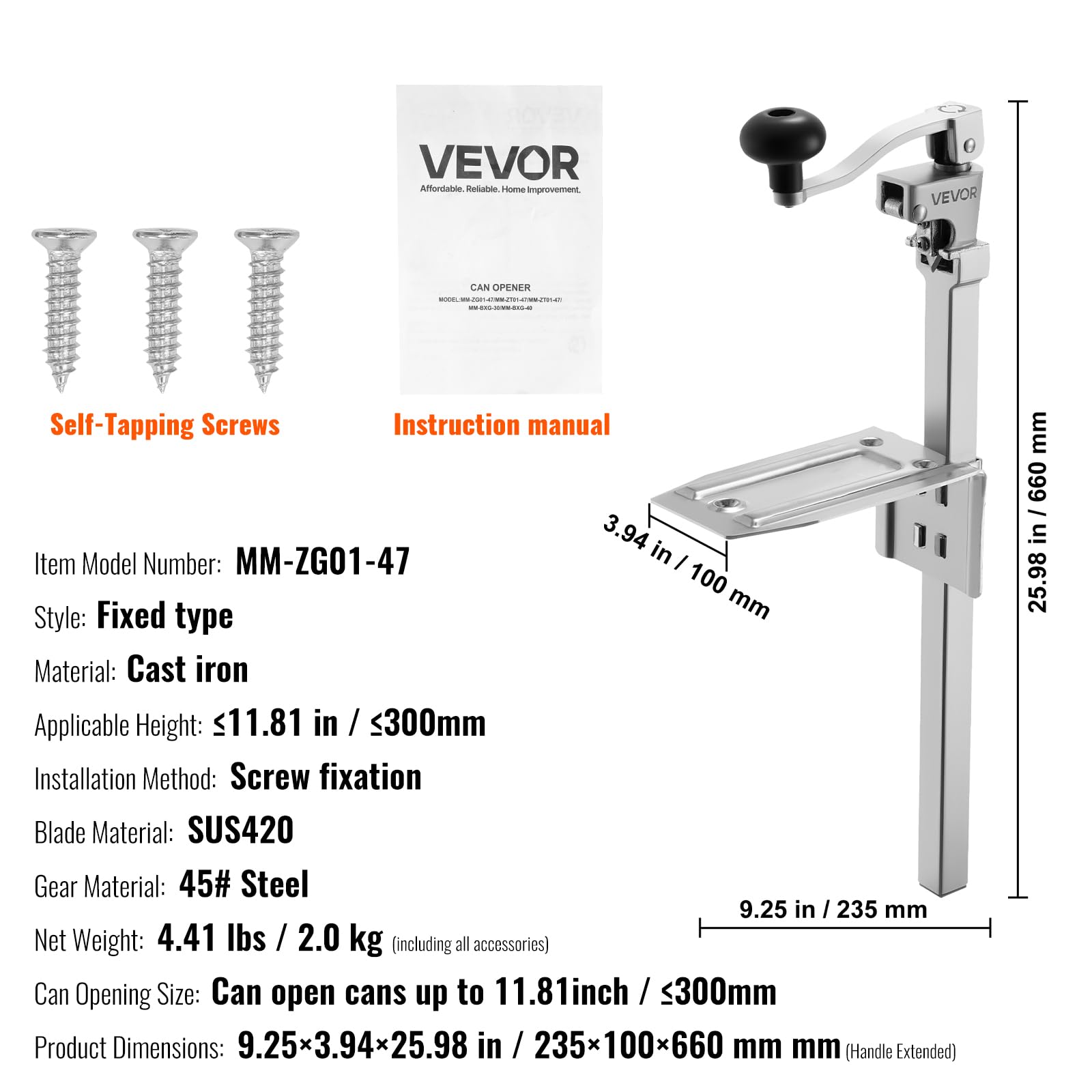 VEVOR Apriscatole Commerciale in Ghisa da Tavolo per Lattine Alte 30 cm, Lama Acciaio Inossidabile, 235 x 100 x 660 mm