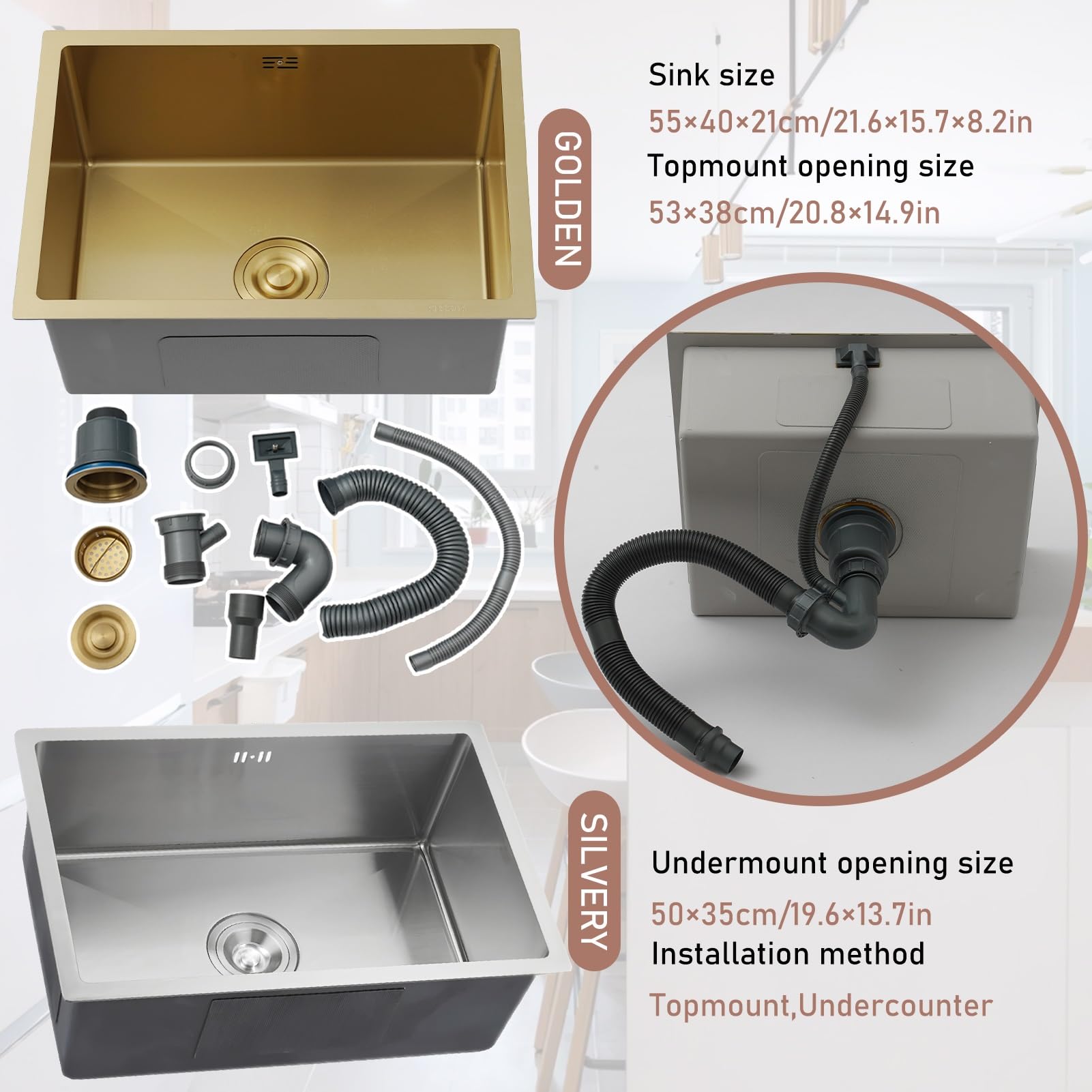 Lavello da Incasso Quadrato in Acciaio Inox, Vasca Singola, lavello Compatto per Piccole cucine, salvaspazio, Superficie con Rivestimento Nano con Kit di Scarico (Argento, 55x40 cm)