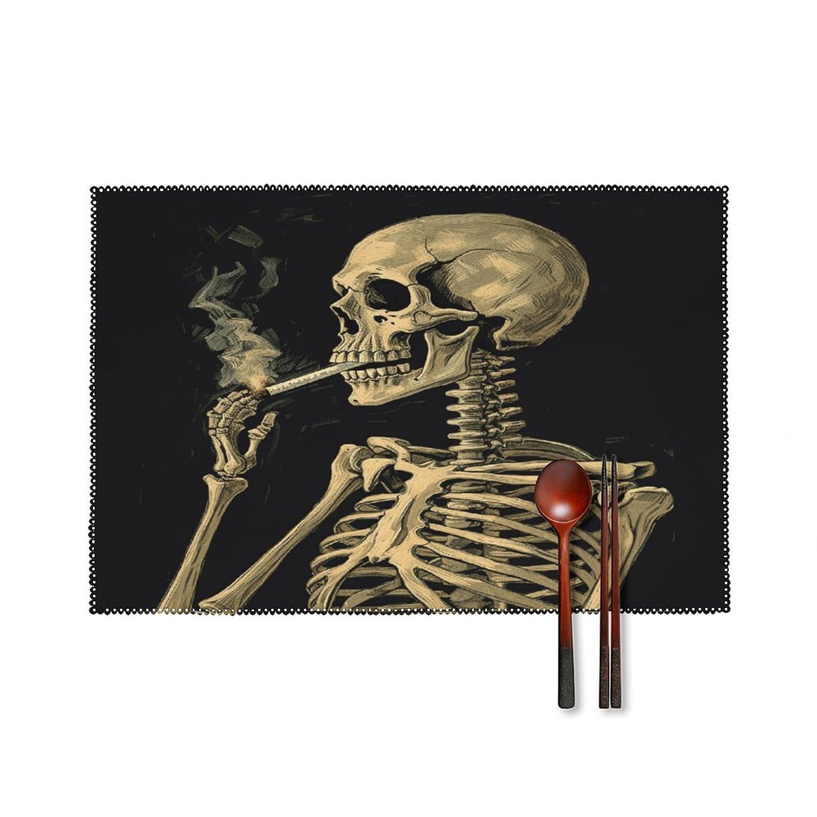 Btcowzrv Style A Skeleton With Burning Cigarette Canvas Placemats Set Of 6, Wipeable Washable Place Mats For Indoor & Outdoor, Table Mat Decor For Kitchen Dining Party
