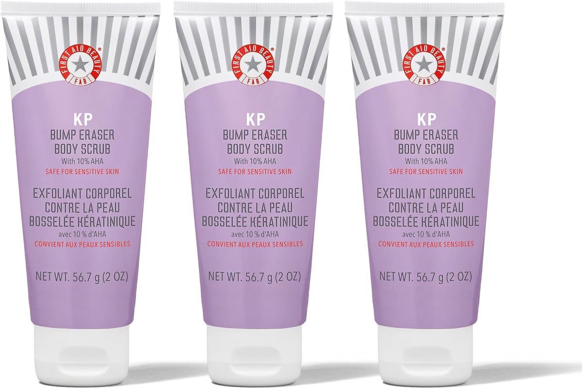 First Aid Beauty - KP Bump Eraser Body Scrub with 10% AHA, Keratosis Pilaris Skin Exfoliator with Glycolic & Lactic acids, Helps Reduce Chicken Skin Bumps, Safe for Sensitive Skin, 2 oz, 3 ct