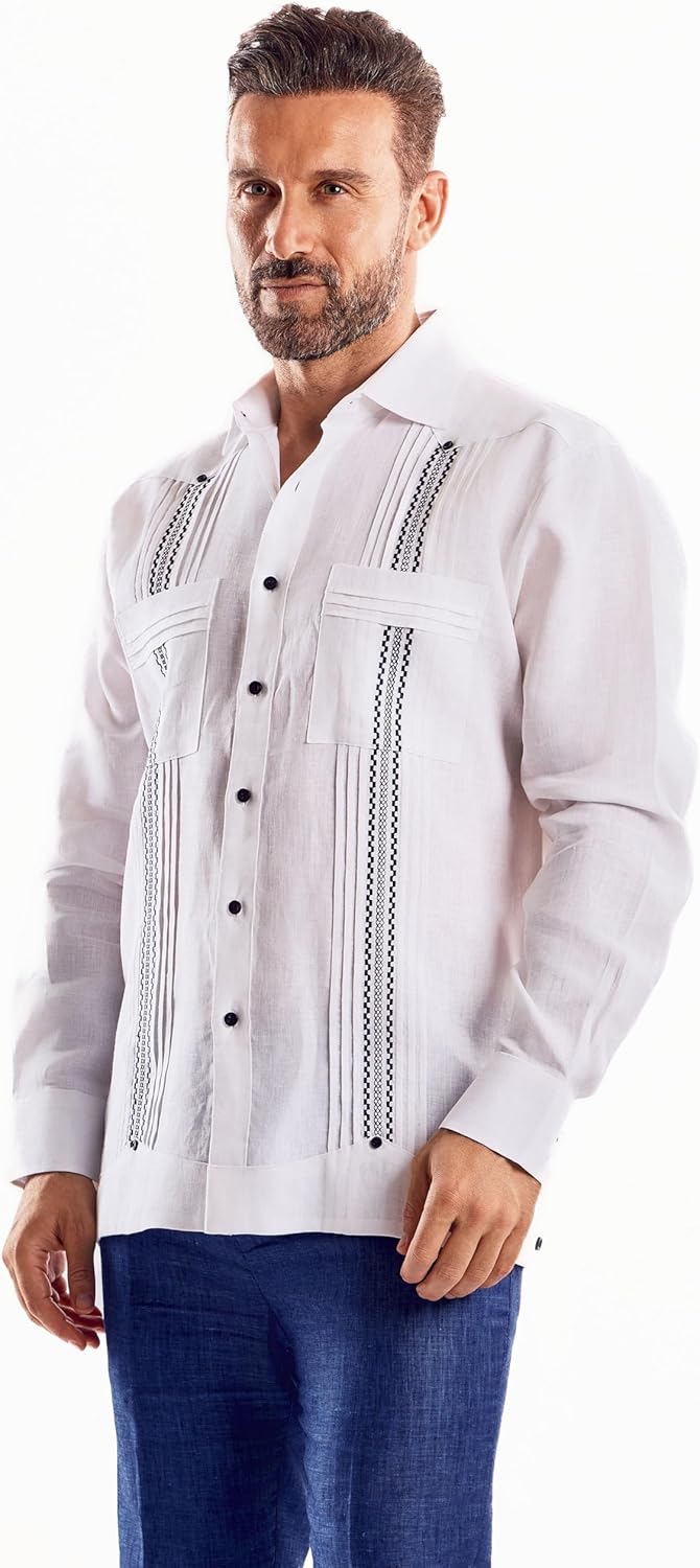 Mojito Collection Men's 100% Linen Guayabera Shirt Long Sleeve with Embroidered Trim - Image 9