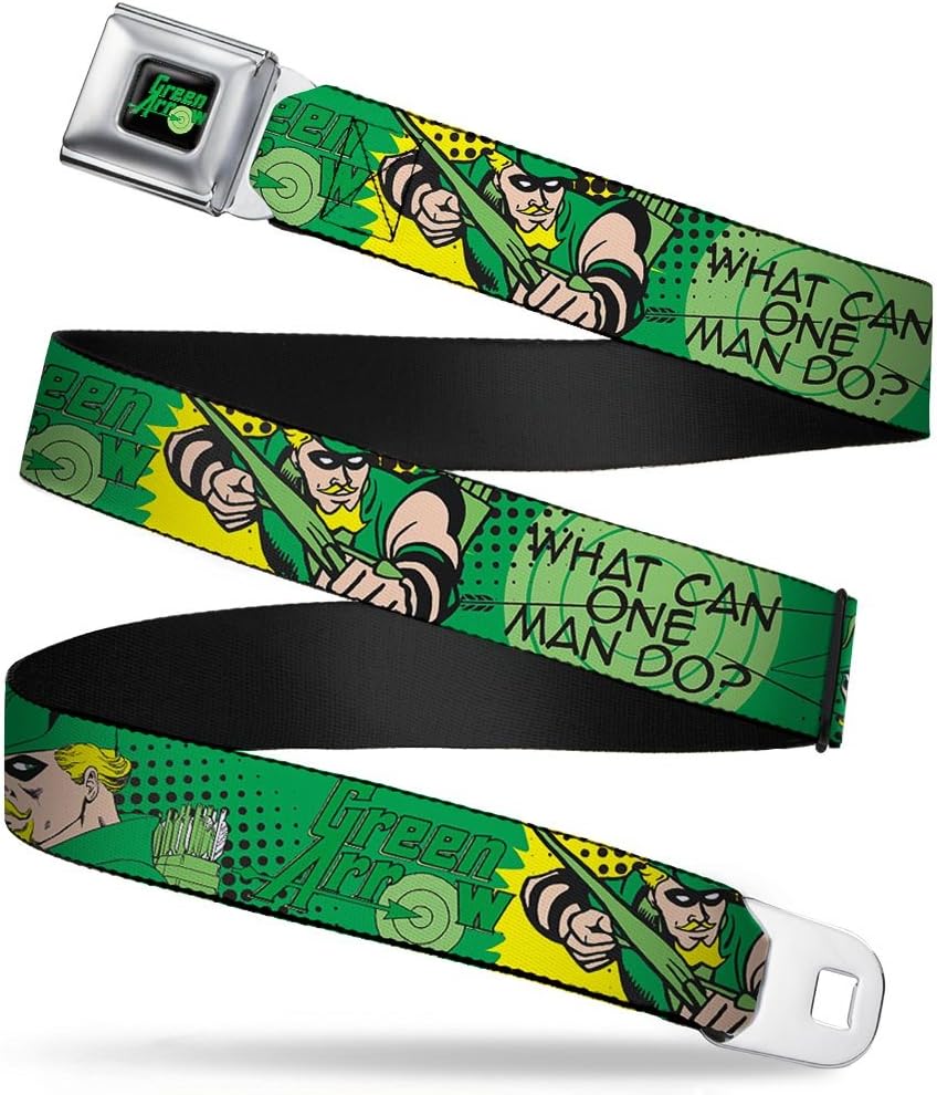 Buckle-Down Seatbelt Belt - GREEN ARROW Poses WHAT CAN ONE MAN DO? Greens/Black - 1.0" Wide - 20-36 Inches in Length
