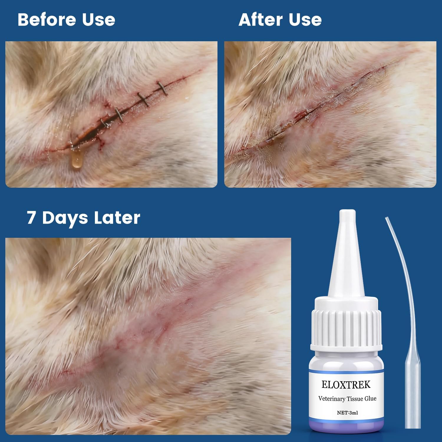 3ml Veterinary Surgical Skin Glue with 15 Precise Applicators, Strong Surgical Adhesive, Blue-Tinted Fast-Acting Tissue Wound Glue, Waterproof Wound Sealant for Multi-Pet Households
