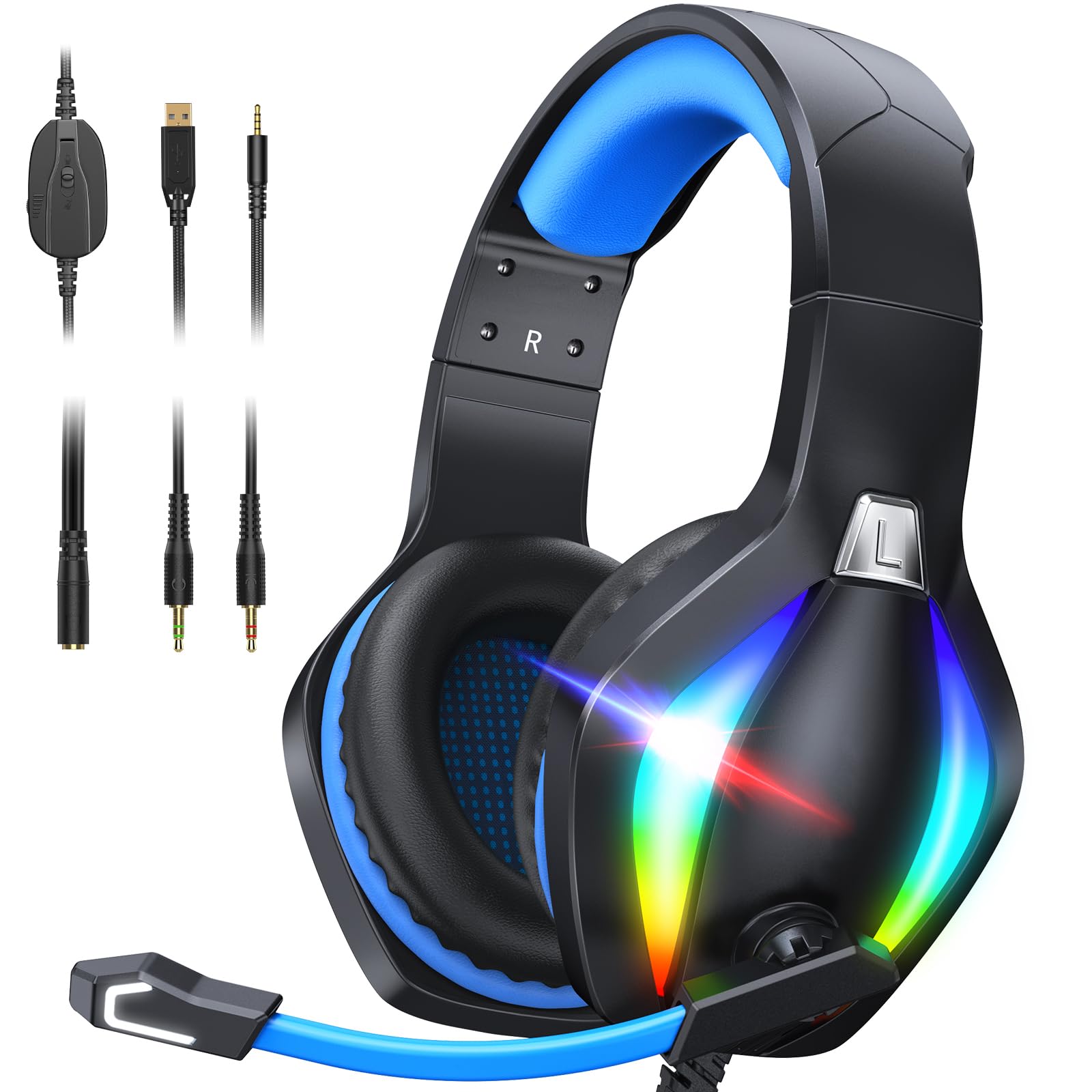 Gaming Headset for PS4, PS5, PC, Noise Canceling Headphones with Microphone, Computer Headset with 3.5mm Jack &amp; LED Light Black Blue