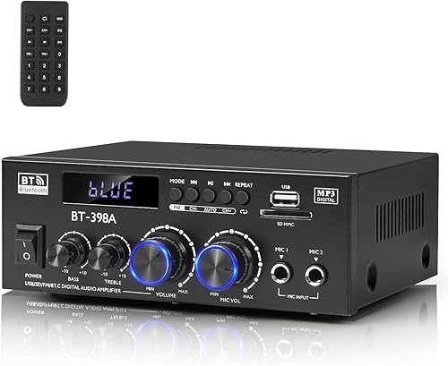 Romica Amplificador de audio estéreo, 2 canales 450W+450W Bluetooth 5.0 amplificador de potencia de cine en casa con radio FM, USB, SD, entradas