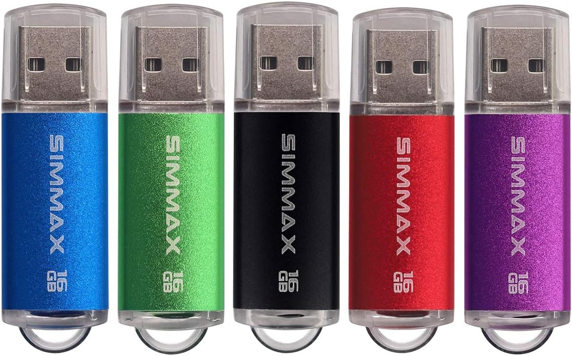 SIMMAX USB Flash Drives 5 Pack 16GB USB 2.0 Flash Drive Memory Stick Thumb Drive Pen Drive with Led Indicator (Blue Green Black Red Purple)