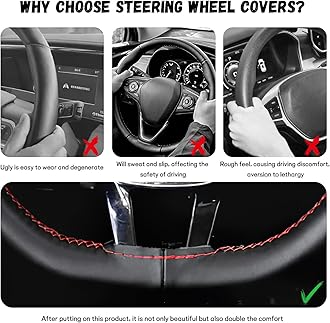 Leather Steering Wheel Cover, DIY Sewing with Needle & Thread, Breathable Anti-Slip Car Steering Wheel Protector, Universal 15 Inch Auto Steering Wheel Stitch on Wrap(Black, Full Hole)