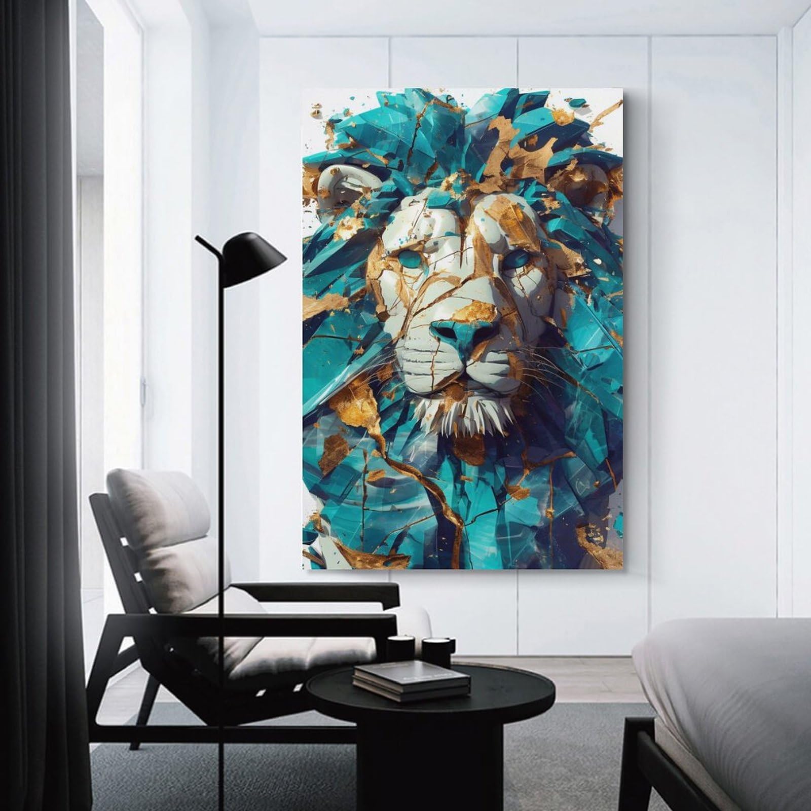 Junmoney Abstract Lion Head with Turquoise And Gold Wall Picture Print 20x30inch(50x75cm), for Home Walls, Creative Rooms Or Shared Spaces, Stylish Home Artwork for Focal Walls
