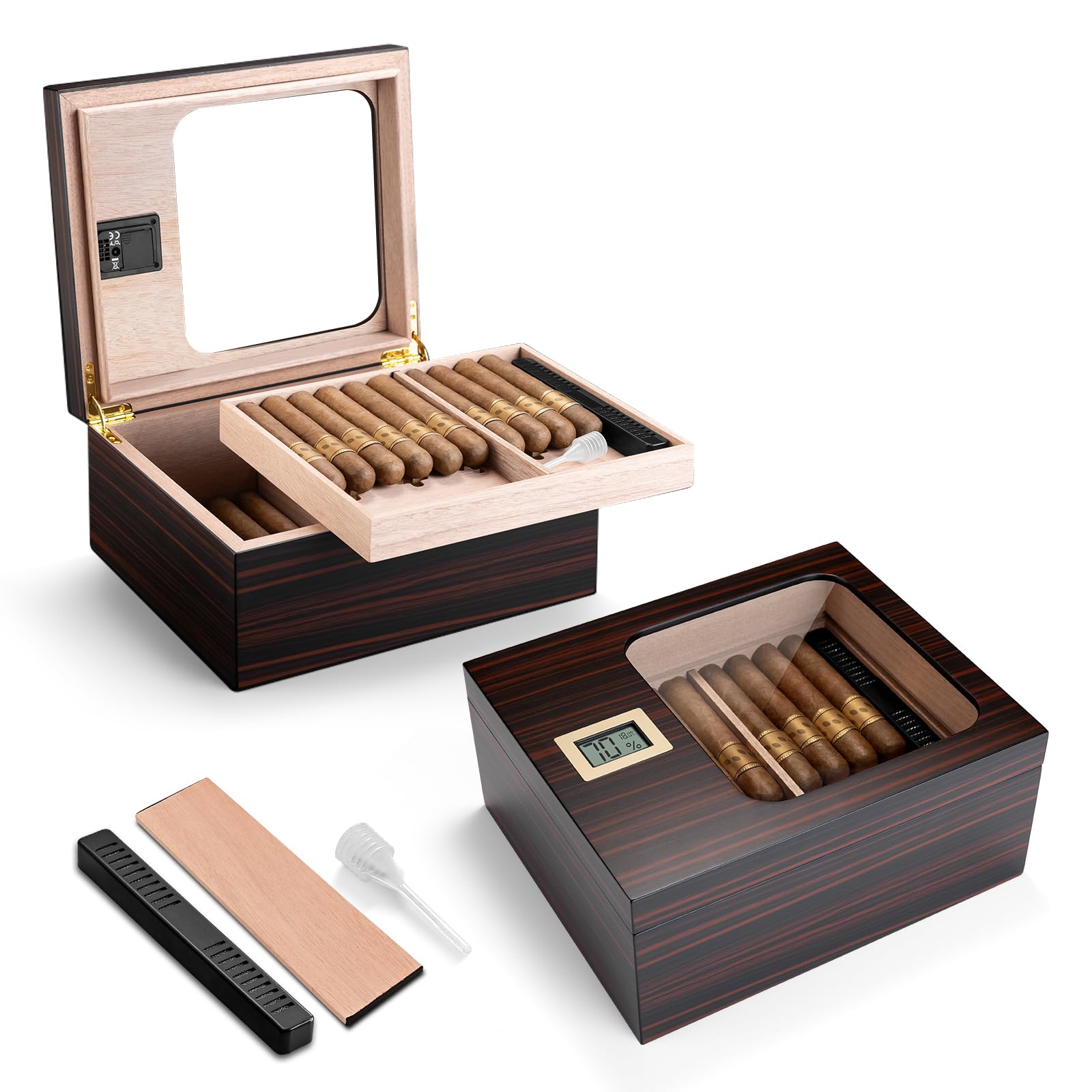 Zigarren Humidor aus Zedernholz, Zigarrenbox mit Hygrometer und Luftbefeuchter, Doppelraum Zigarrenkiste mit Regal für 45-55 Zigarren, Männer Geschenk Zigarren Zubehör (Dunkelbraun)