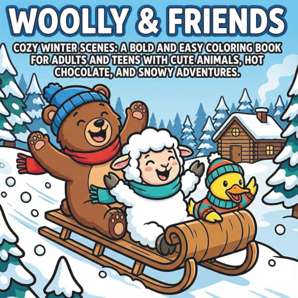 Woolly & Friends: Cozy Winter Scenes: A Bold and Easy Coloring Book for Adults and Teens featuring Cute Animals, Hot Cocoa, and Snowy Adventures. (The Woolly & Friends Collection)
