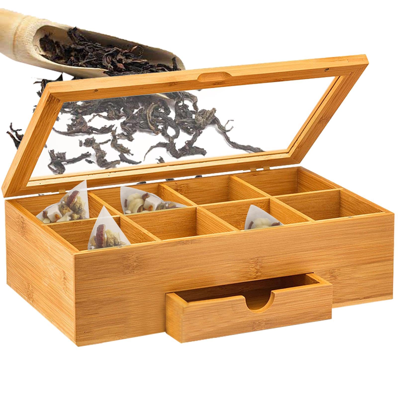 Natürliche Teebeutel-Aufbewahrungsbox | Tee-Organizer aus mit | transparenter Acrylplatte und separaten Fächern zur Aufbewahrung von Teebeuteln, Kräutern, Snacks und Medikamenten in Küchen