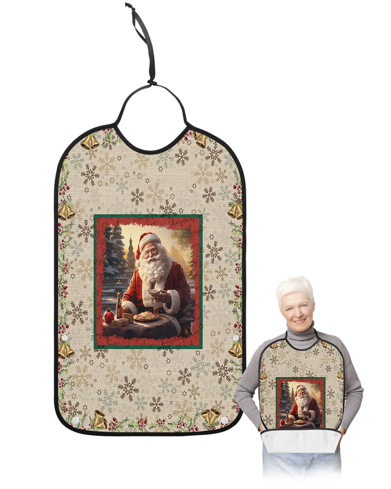 Adult Bibs for Elderly Women - Christmas Santa Waterproof Dining Clothing Protectors with Crumb Catcher for Eating/Feeding, Xmas Bells Berry Botanical Farmhouse Terry Cloth Bib Machine Washable