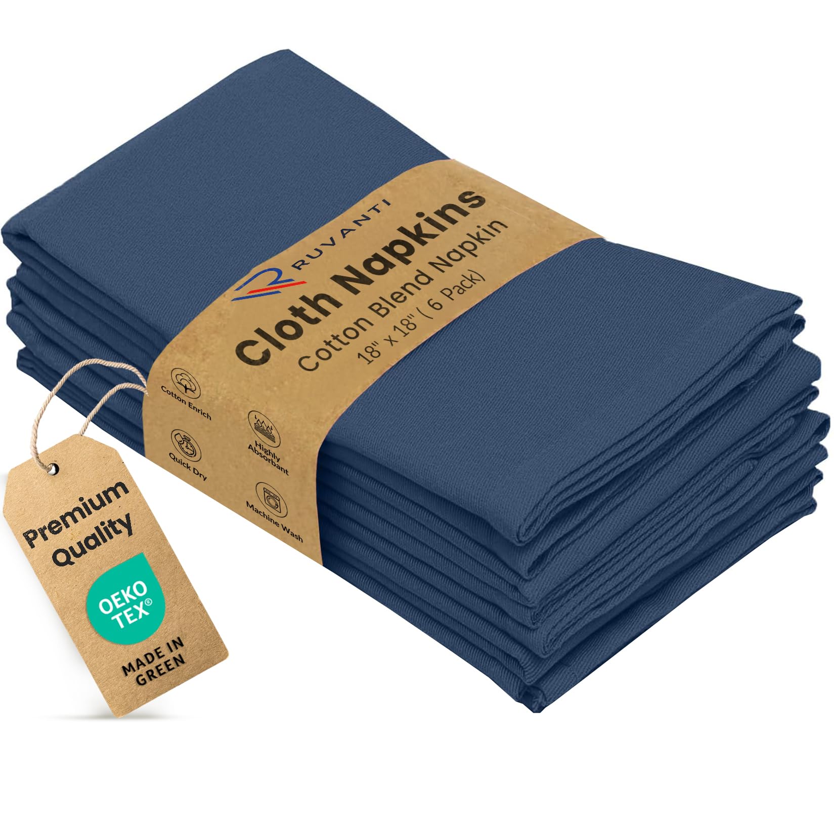 Ruvanti Cloth Napkins Set of 6, Cotton Enrich 18”x18” - Ocean Blue
