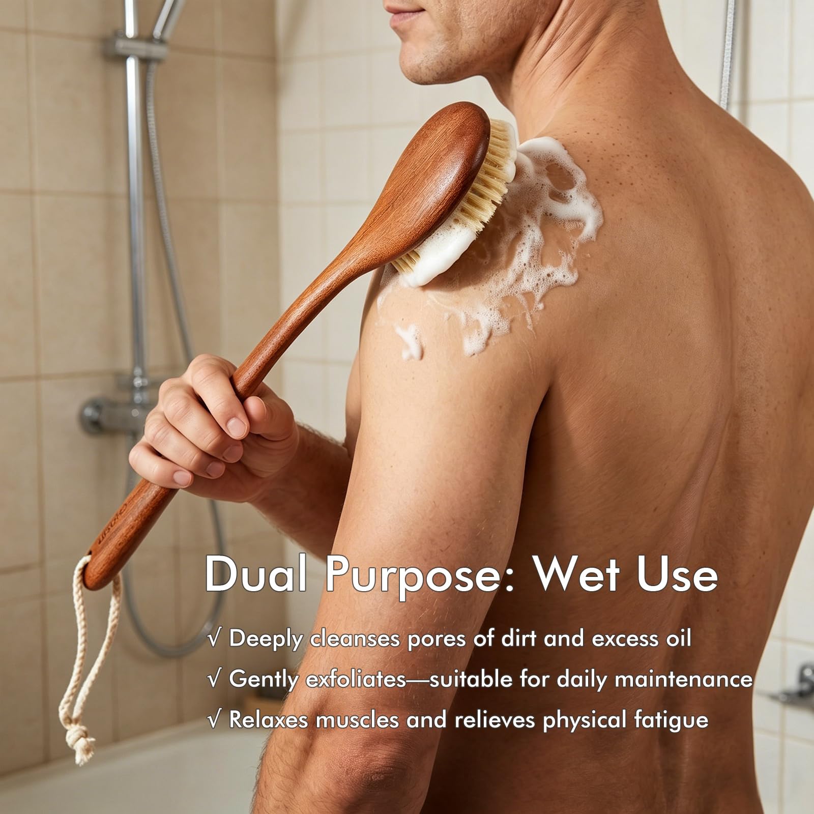 Dry & Wet Body Brush with Long Handle and Natural Boar Bristles