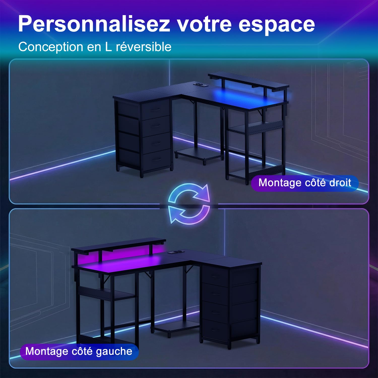 JUMMICO Bureau d'angle en Forme de L 135 cm avec lumières LED, Noir