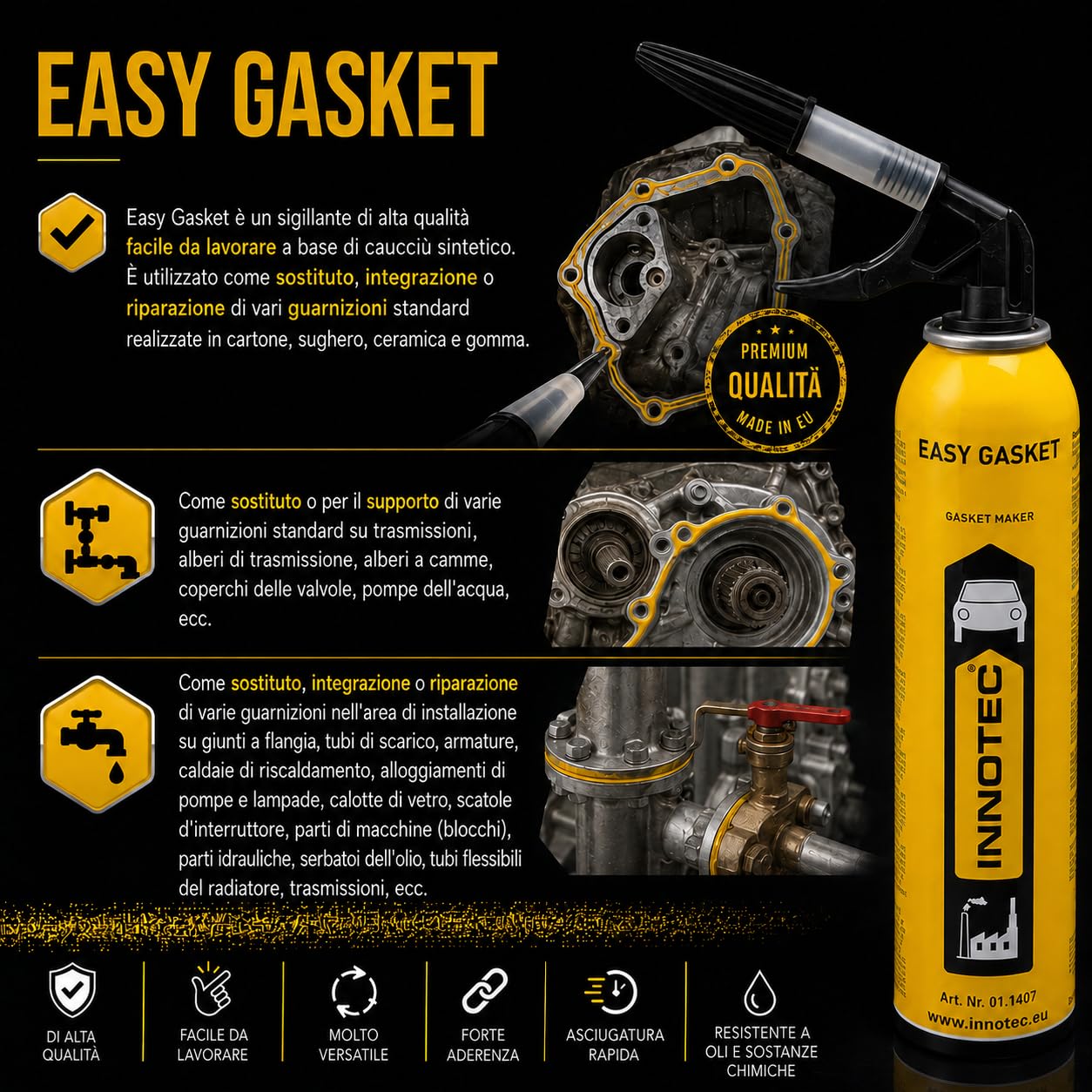 Innotec Sigillante motore Easy Gasket – Sigillante, guarnizione testa cilindrica, guarnizione per vasca d'olio, nero ad alta temperatura, guarnizione liquida – ingranaggi motore guarnizione coppa olio