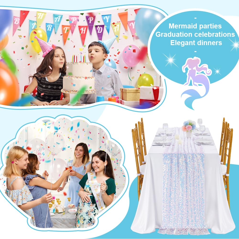 4er Set Elegante Tischläufer Schillernd Weiße Pailletten Tischband – 63 x 300 cm für Outdoor Hochzeitstisch Taufefeier Festliche Meerjungfrau Party Tischdeko (4 Stück)