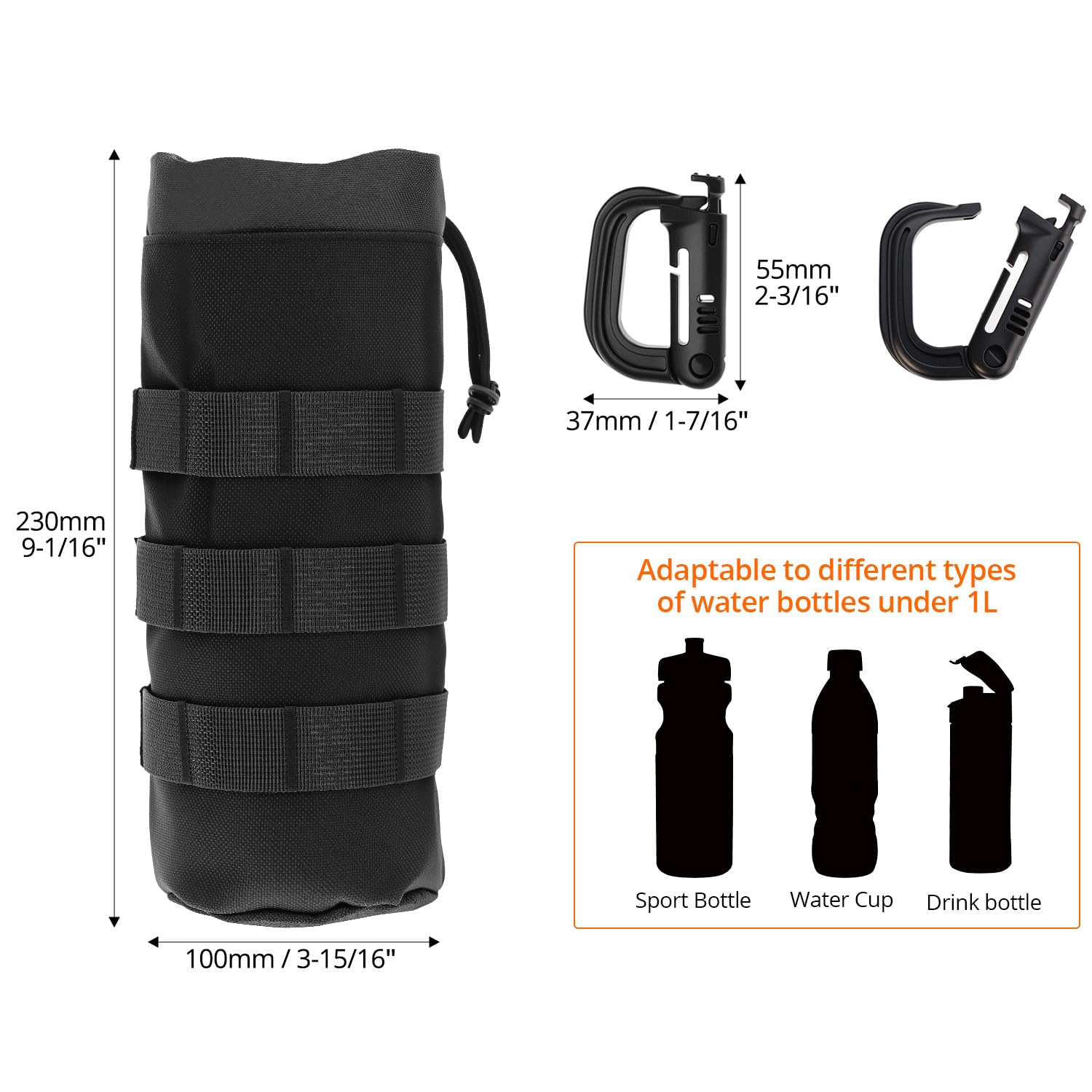 QWORK® 2 Pezzi Borsa Porta Borraccia Tattica con 4 Ganci, 24 * 10 CM, Resistente all'Acqua, per Escursionismo, Ciclismo e Sport All'aperto