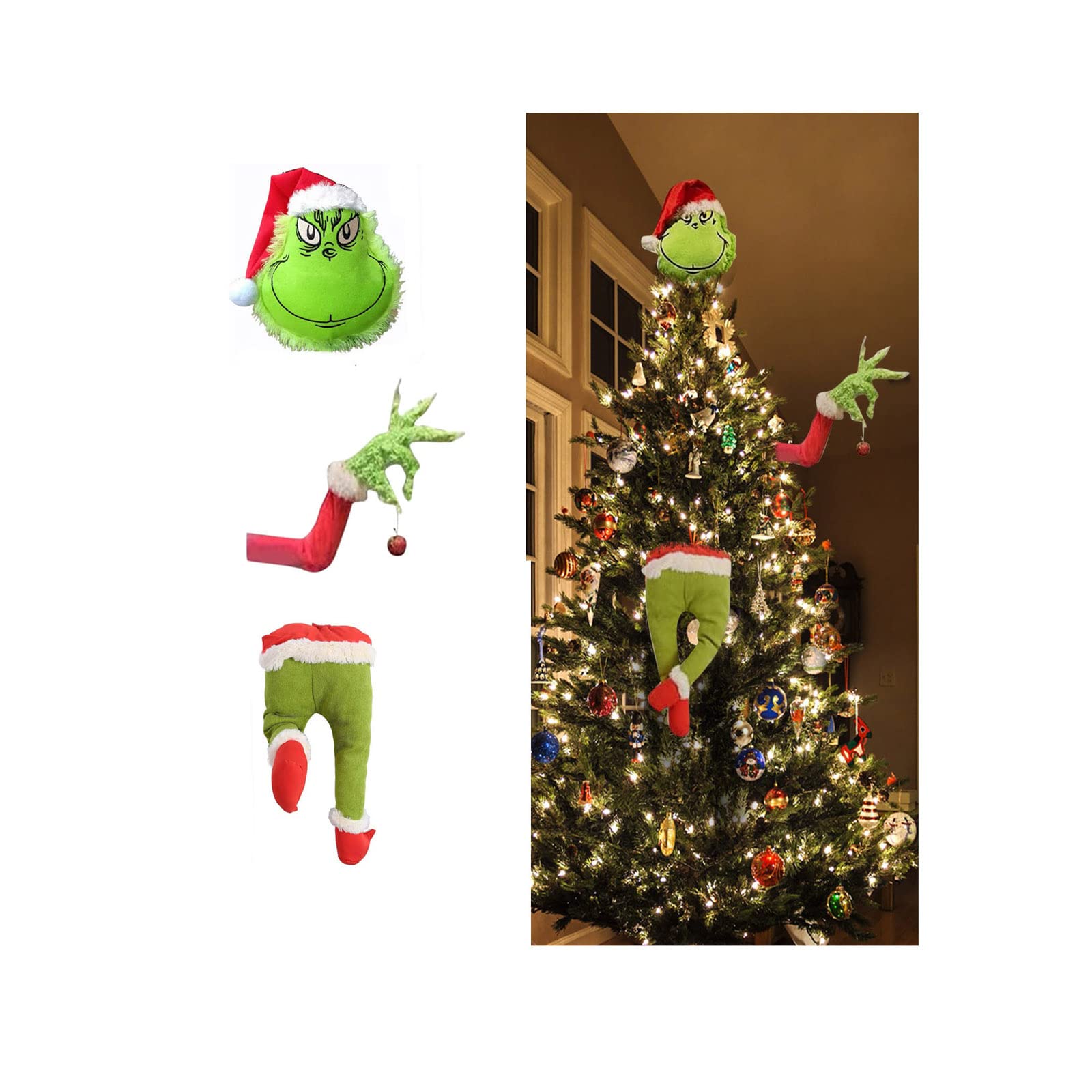 Grinchs Christmas Tree Decorations Gifts - 𝐆rinch Christmas Tree Topper,Elf Arms,Grinchs Legs Christmas Decorations for Tree,Elf On The Shelf Doll Grinchs Toys (3pcs-a)