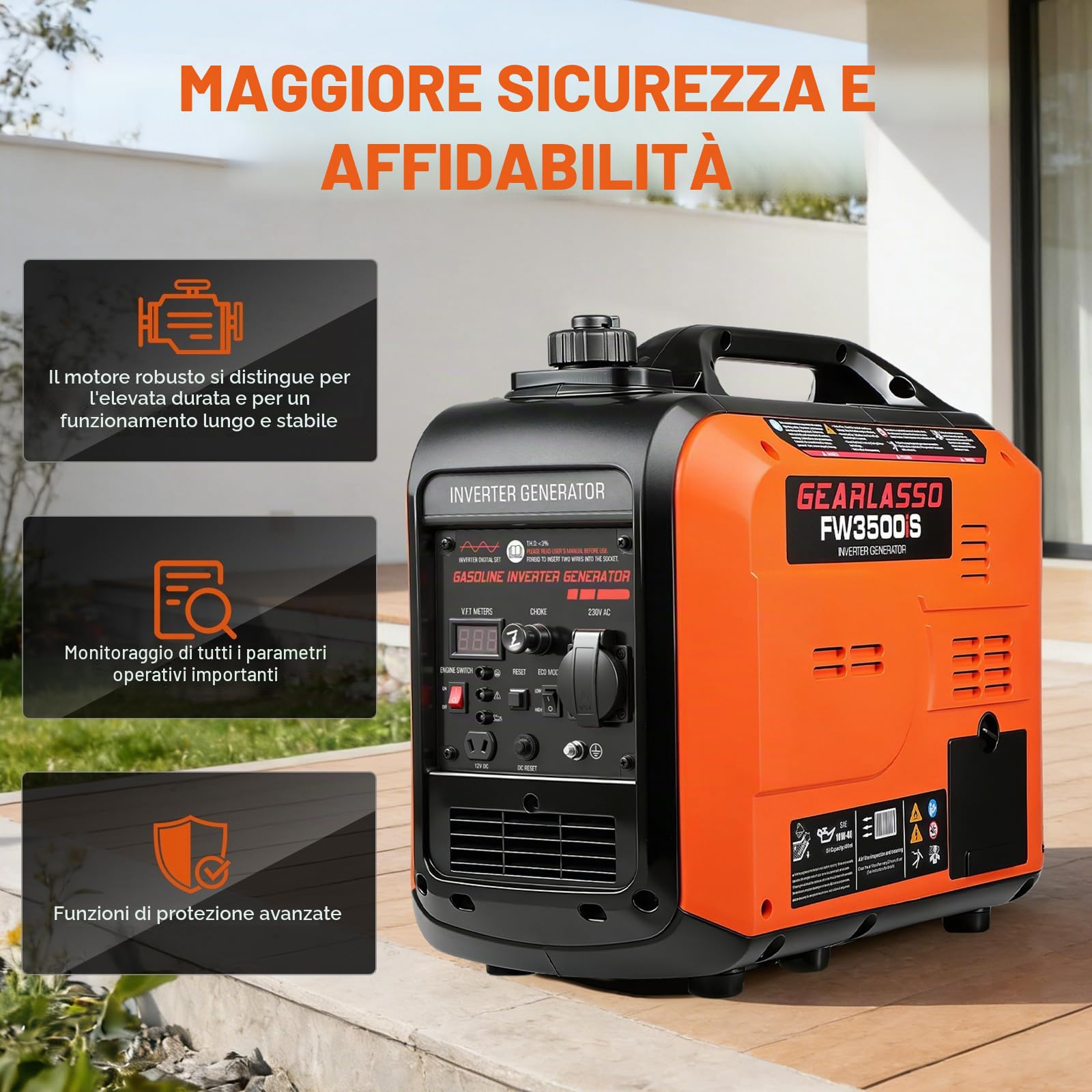 Generatore di corrente inverter, 3300 W, generatore di corrente a benzina, super silenzioso, generatore a 4 tempi con USB e avviamento elettrico da 230 V, per campeggio, viaggi, casa o