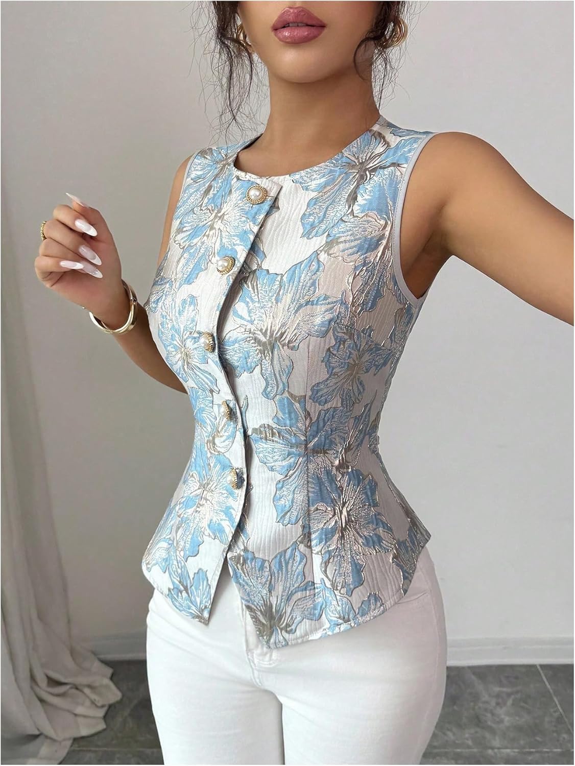 Floerns Women's Elegant Floral Button Down Blouse Sleeveless Crew Neck Work Office Dressy Shirts - Image 3