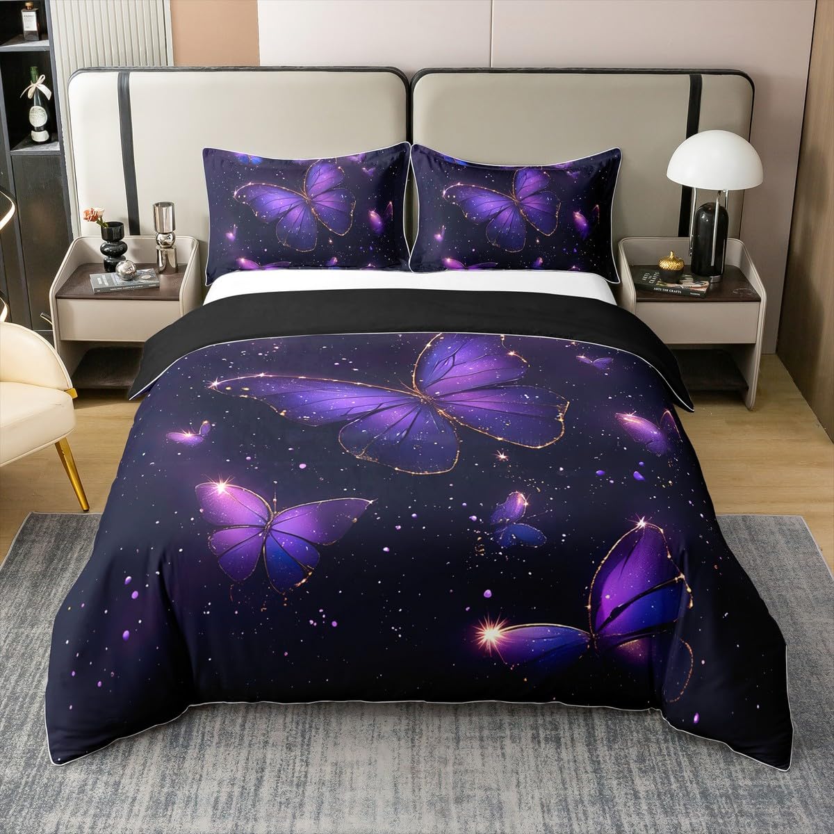 Parure de lit papillon 100% coton et housse couette 135x200 pour ado et adulte