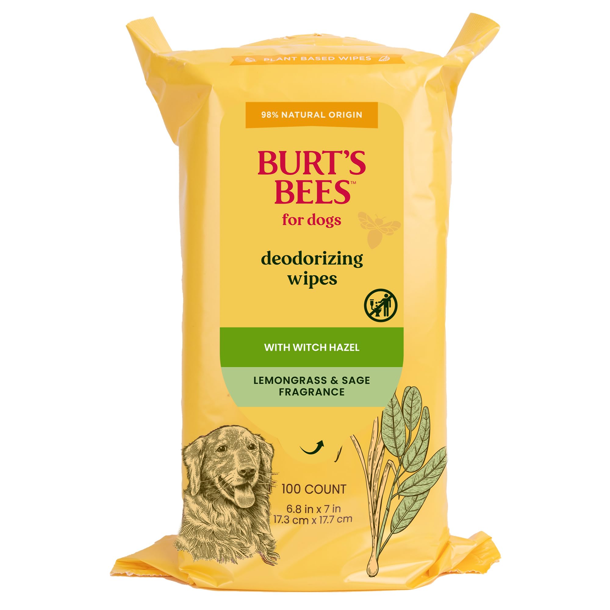 Burt's Bees Dog Wipes for Daily Grooming - Deodorizing Pet Wipes for Dogs, Cleans Paws & Face - A Waterless Bath & Dog Grooming Supply with Witch Hazel - Plant Based Dog Wipes, 100 Count