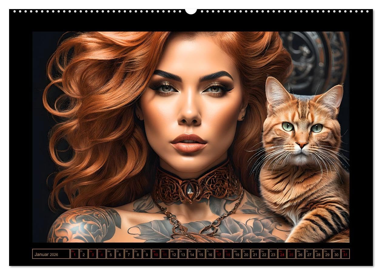 Geheimnisvolle Katzenfrauen (hochwertiger Premium Wandkalender 2026 DIN A2 quer), Kunstdruck in Hochglanz: Zauberhafte Porträts anmutiger Samtpfoten ... verführerischen Gefährtinnen (CALVENDO Tiere)