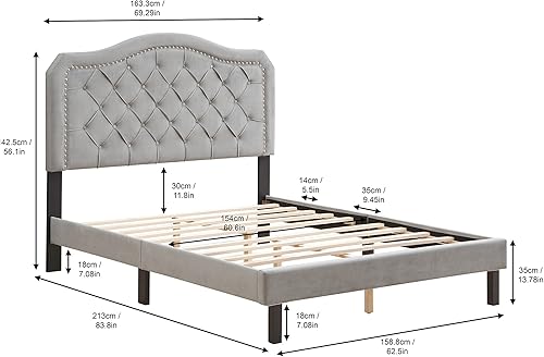 Miniatura 2 de HAUSHECK Queen Size Platform Bed Frame, Velvet Curved Upholstered Bed Frames with Nailhead Trim Headboard, Bedframe for Kids, Teen & Adults, Wooden