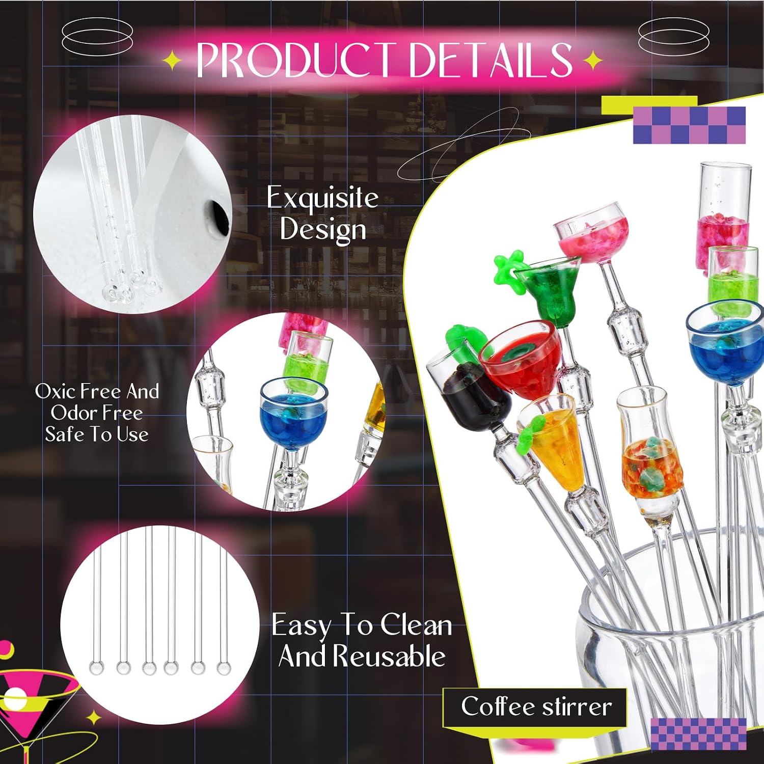 Domensi 10 Pcs Swizzle Sticks Cocktail Artistics Wine glass Top Plastic Beverage Stirrers Crystal Colorful Swizzle Sticks Drink Stirrer For Bar Cafes Restaurants Home 9.05inch