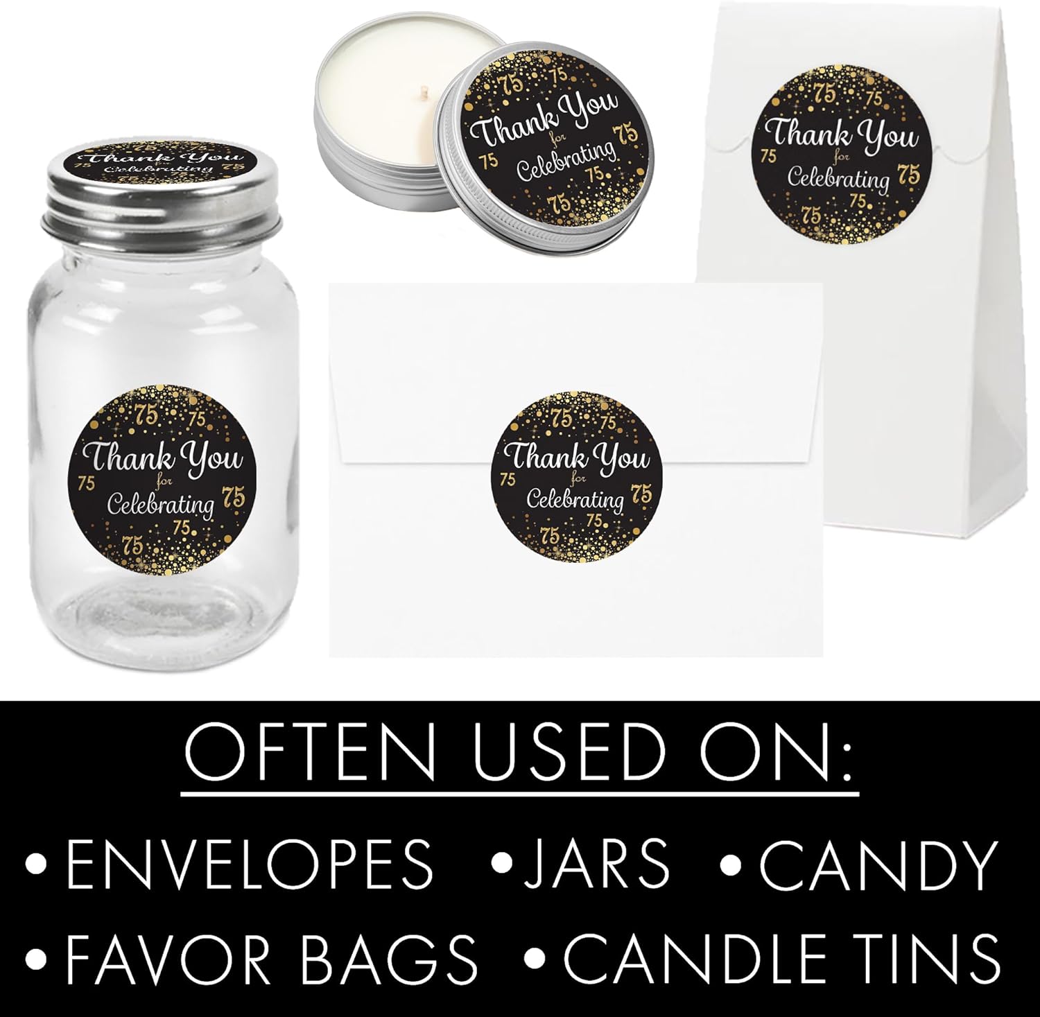 Black and Gold 75th Birthday Thank You Stickers - 1.75 in - 40 Labels - Image 4