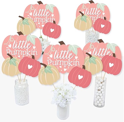 Miniatura 4 de Big Dot of Happiness Girl Little Pumpkin - Juego de 15 palos de centro de mesa para fiesta de cumpleaños de otoño o baby shower