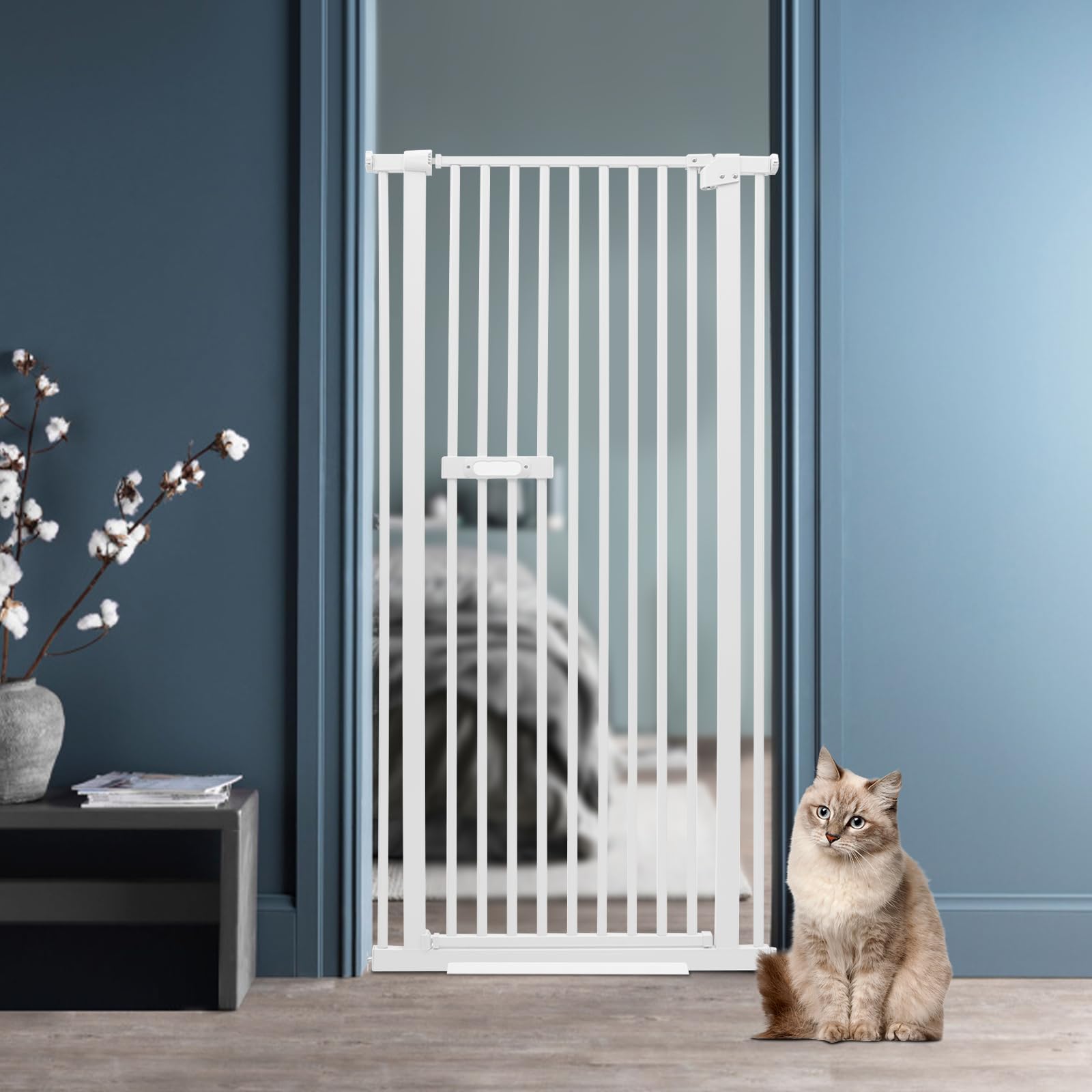 Türschutzgitter Hunde, 150cm hohes Druckmontiertes Hundegitter & Türgitter ohne Bohren 76-85 cm Ausziehbare Länge Absperrgitter Hund Sicherheitsgitter Metall für Innenräume (Weiß)