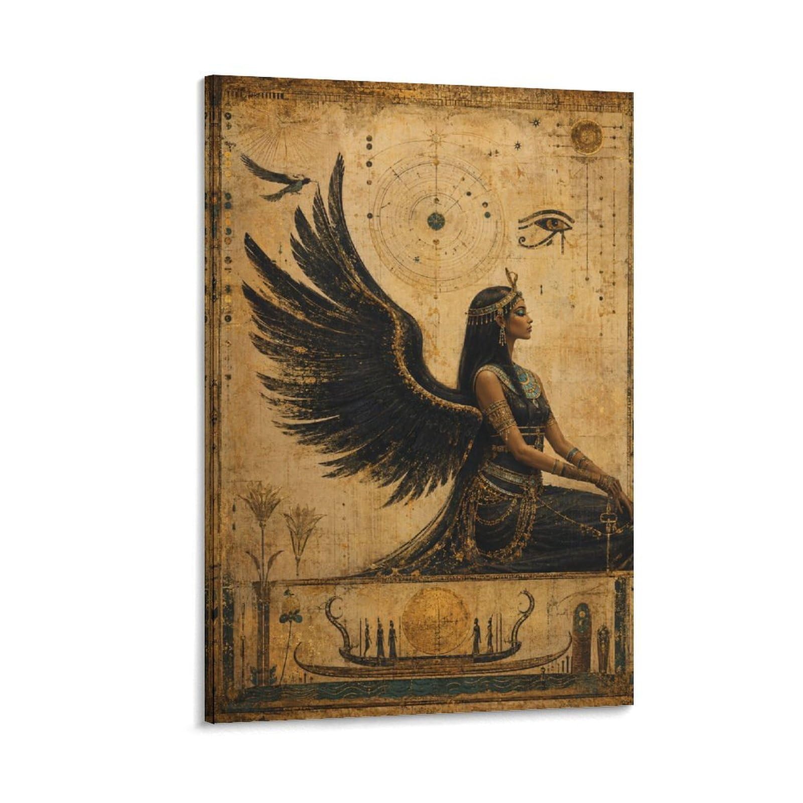 H3B8U2Y5 Egyptian Winged Goddess Papyrus Canvas Wall Art, Ancient Egyptian