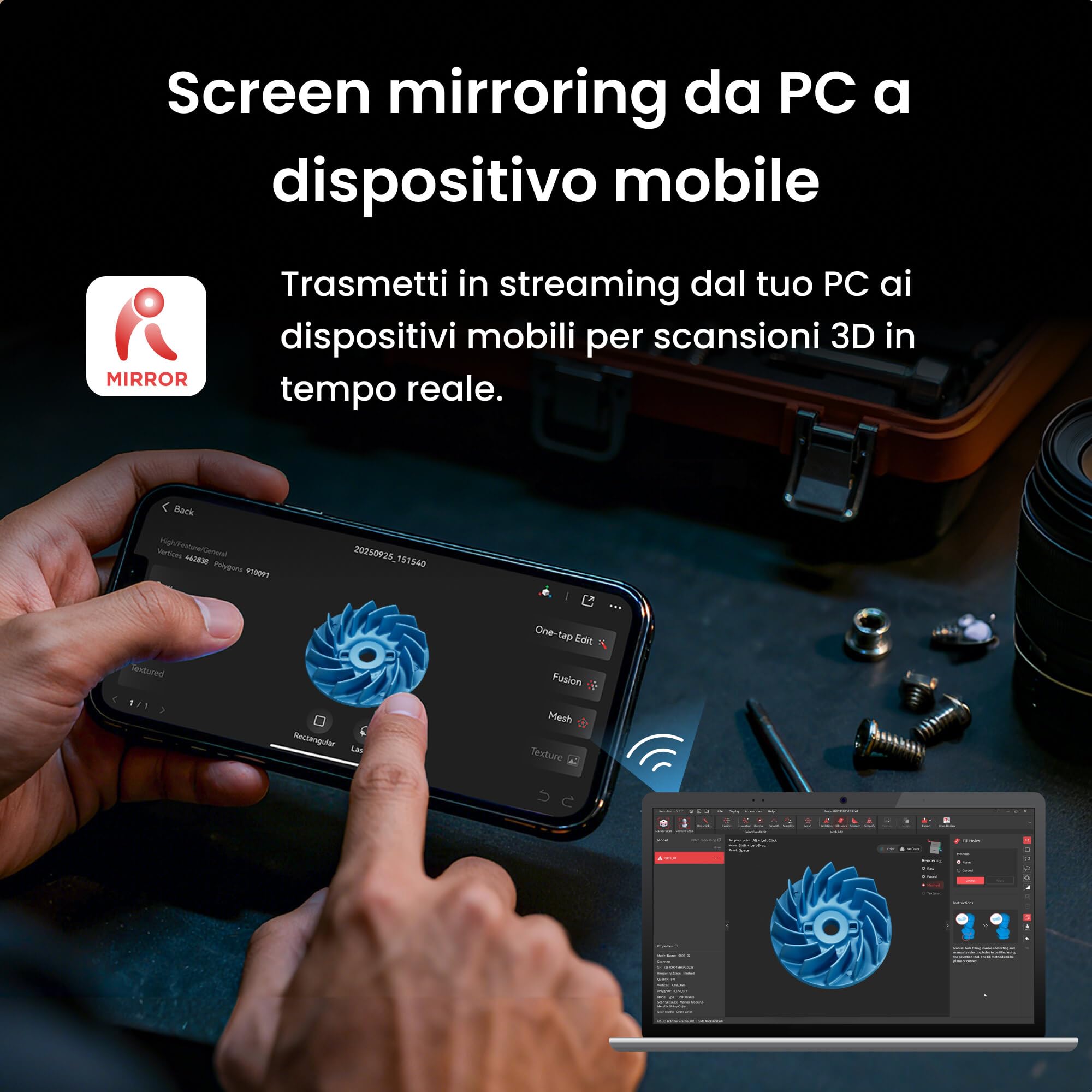 Revopoint Scanner 3D MetroX Pro per la stampa 3D, precisione industriale 0,01 mm, 4 modi di scansione, schermo condiviso, a colori, per progetto e modelli digitali, STANDARD