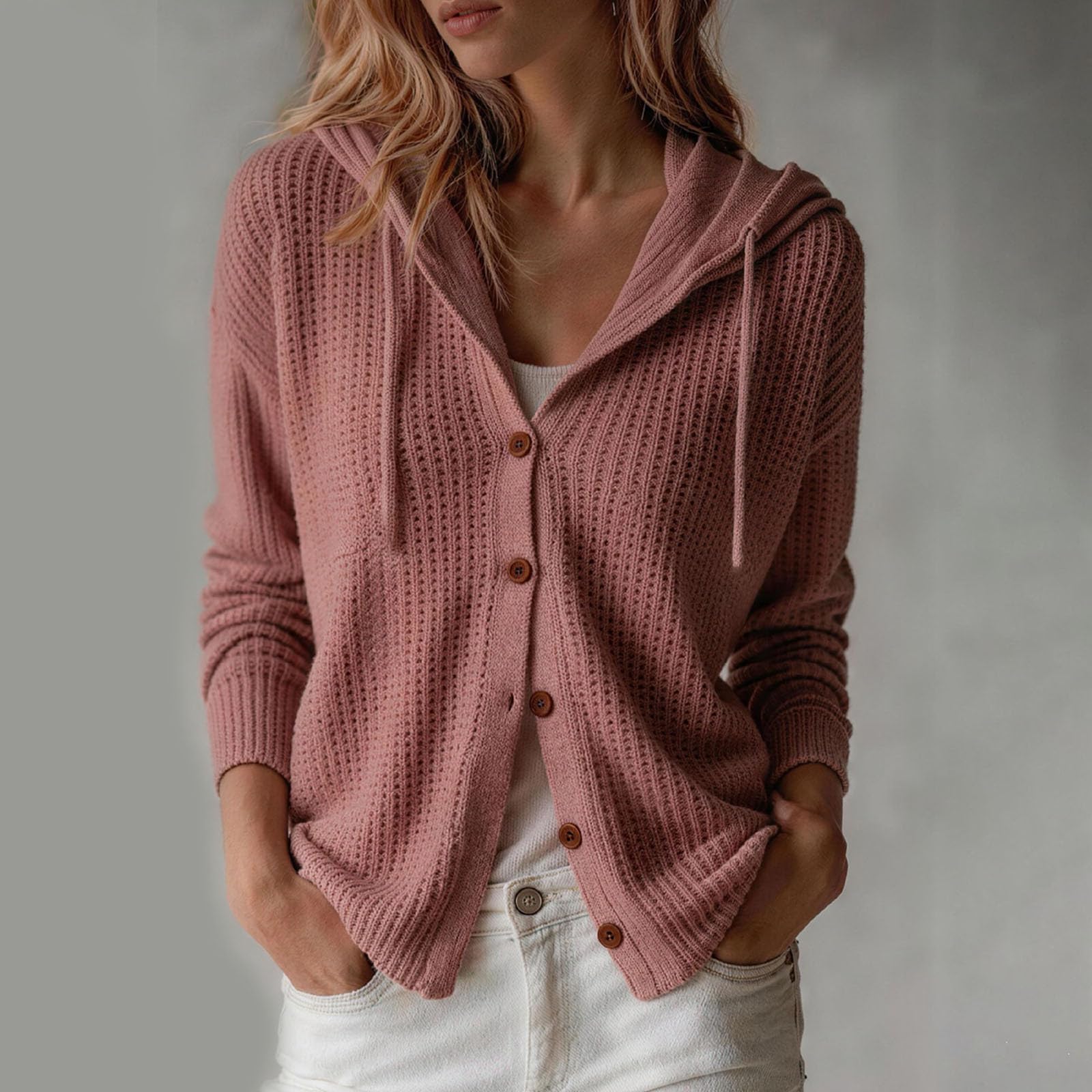Gilet Femme à Boutons en Maille, Modèle Uni, Manches Longues, Design Épuré