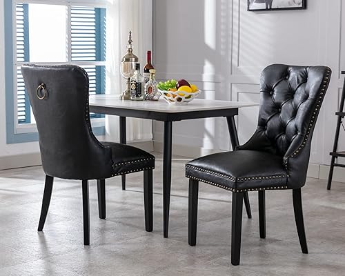 CIMOTA Juego de 2 sillas de comedor de cuero negro, modernas de mediados de siglo, sillas de comedor tapizadas para cocina, comedor, cómodas sillas