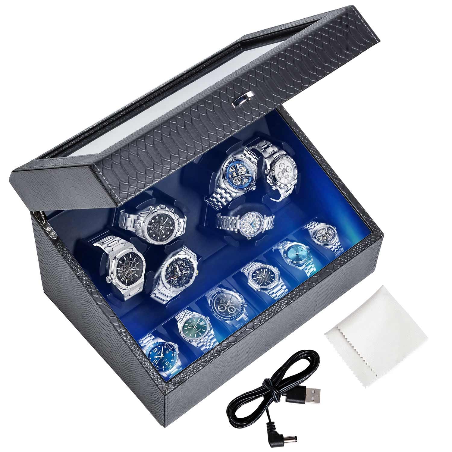 Blendra Men's 6 Watches Luxury Led Light Watch Winder,6 Automatic Watch Winder With Storages,4 Rotation Modes, Quiet Motor, Pu-Watch Winders Ideal For And Wo