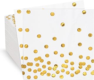 80 Pack of White Paper Cocktail Napkins with Gold Foil Polka Dot Confetti，Polka Dot Party Supplies(5 x 5 in，3-ply) (gold)