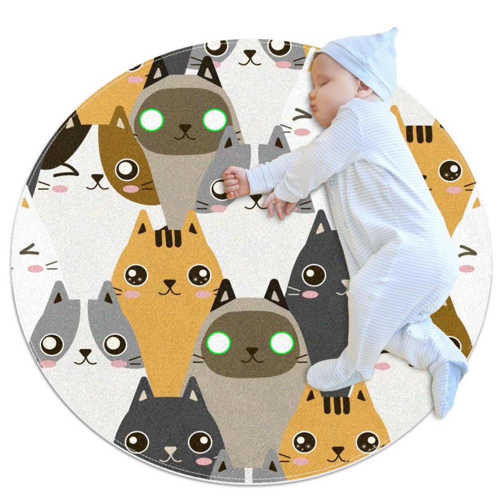 Tapis de salle de bain rond chats et camomille 1m antidérapant chambre