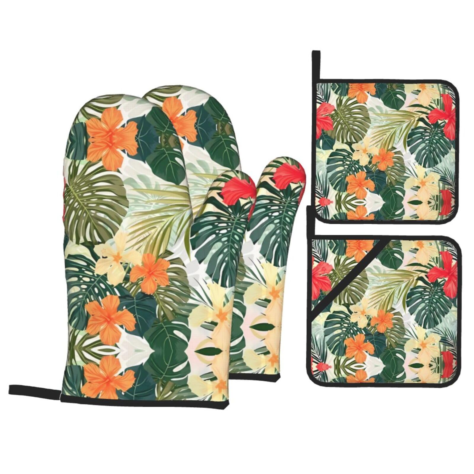 WHJSSF Vegetation Leaves with Hibiscus Flowers Prints Kitchen Baking Set - 4-Piece Heat Protection Layers with Waterproof Potholders for Oven, Grill & Serving