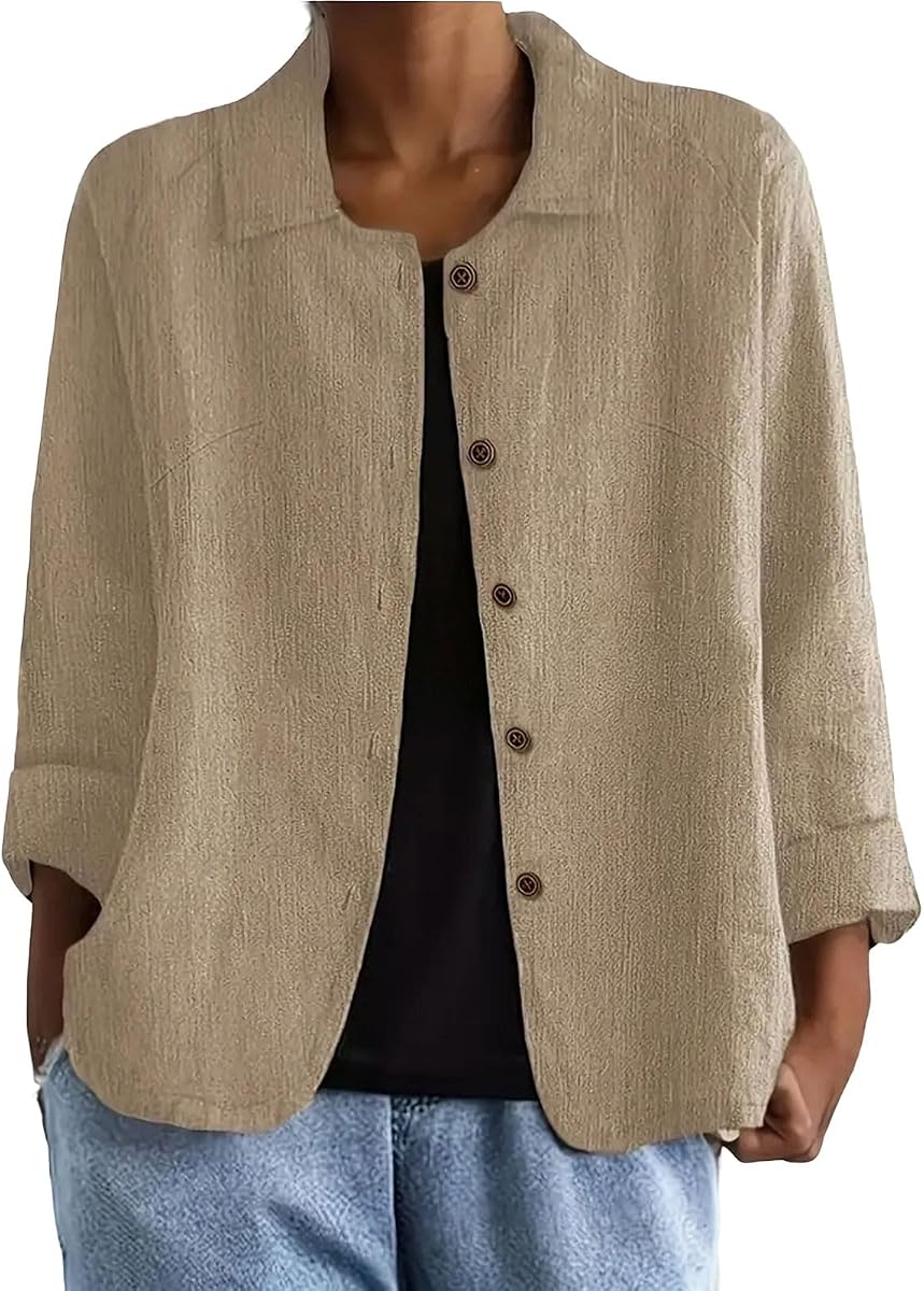 Light Business Casual Jackets for Women Lightweight Linen Cardigan Summer Lapel Button Down Outerwear Beach Shirts