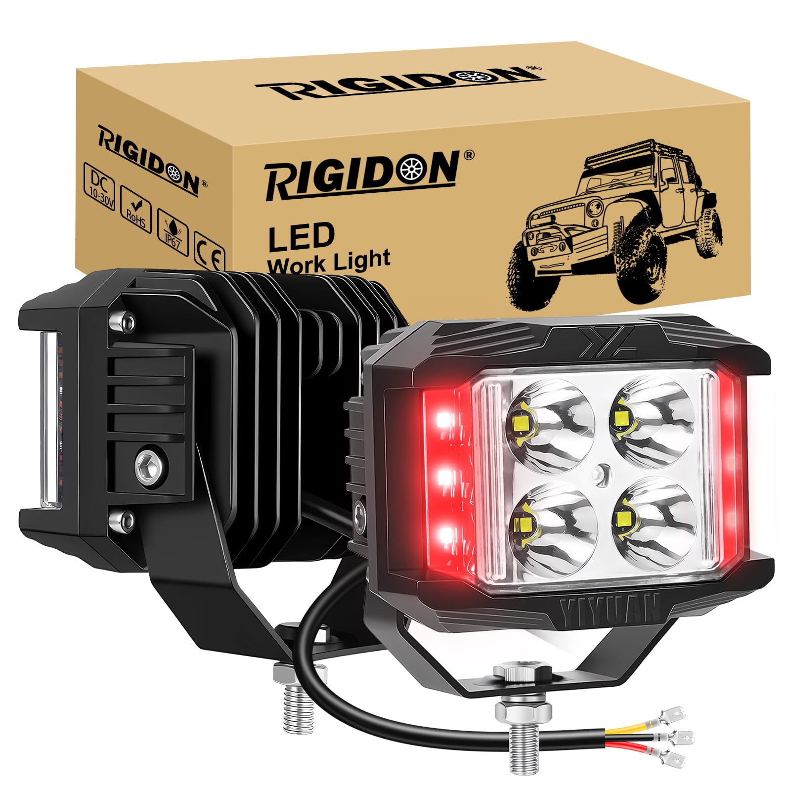 RIGODON 2 x stroboskopowa listwa świetlna LED, 3-stronny reflektor 4-calowy, 35 W, 3500 tys. lumenów, do samochodów terenowych, łodzi, ciężarówek 4x4, SUV-ów, ATV, traktorów, biało-czerwony