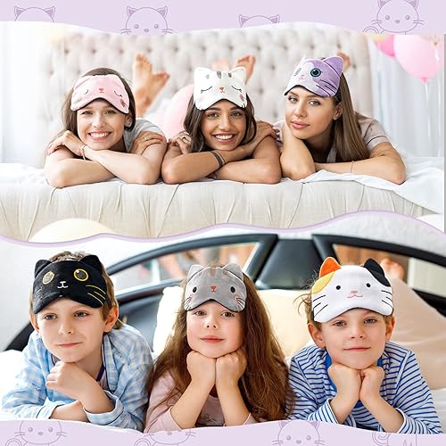 Miniatura 5 de Vicenpal 6 máscaras para dormir para niños, lindo gato, animal, cubierta suave y ligera, máscara kawaii para dormir, con vendas divertidas para