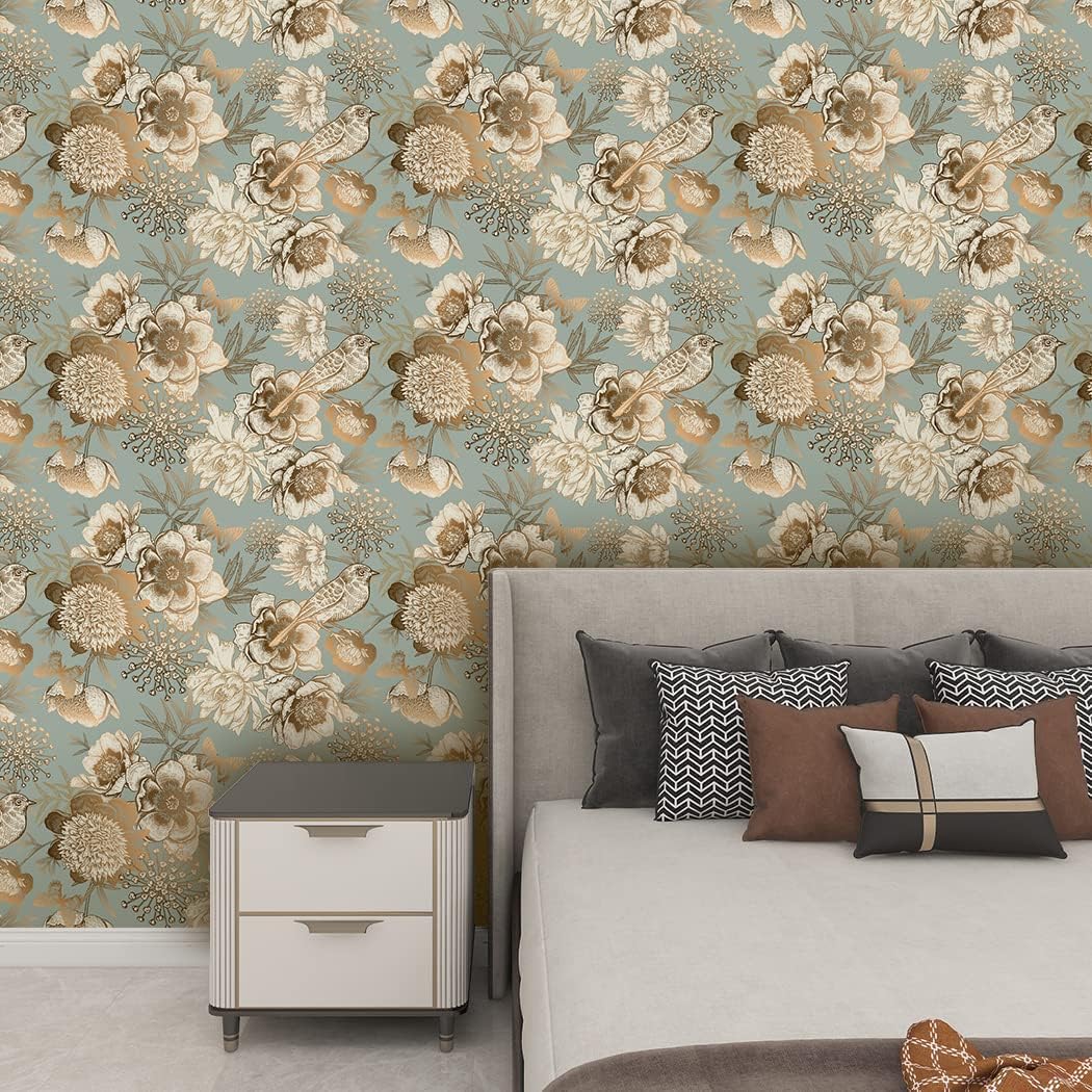 Vintage Birds Peel and Stick Wallpaper Blue Gold Floral Self Adhesive Wallpaper Renter Friendly Removable Contact Paper for Bathroom Bedroom Cabinets Shelves 17.7in x 9.8ft