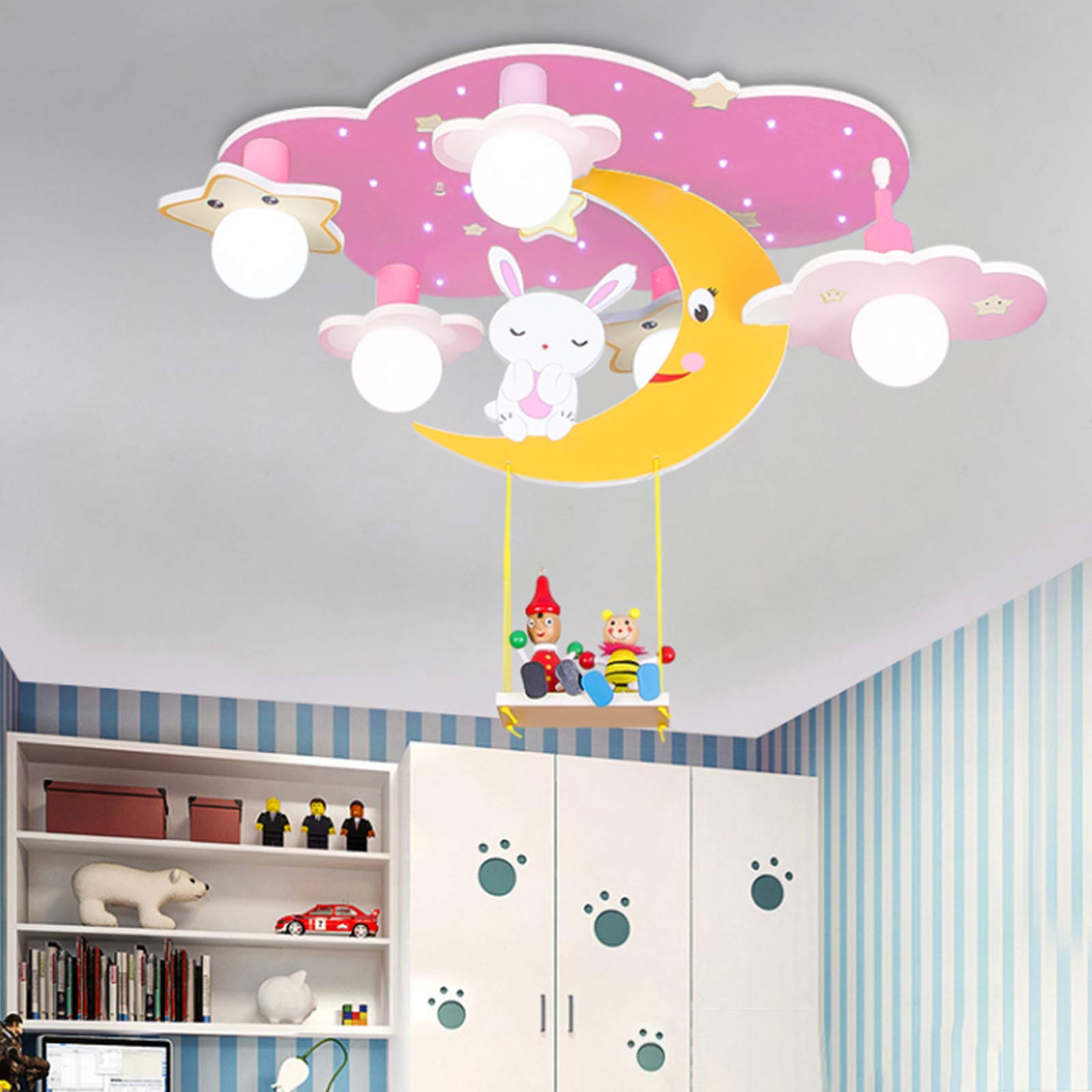Lampa sufitowa dla dzieci LED Nowoczesna lampa sufitowa do pokoju dziecięcego Drewniana E27 * 5 Chłopiec Dziewczyna Kreskówka Sufit do sypialni Salon Gabinet Wewnętrzna lampa kopułkowa Różowa lampa