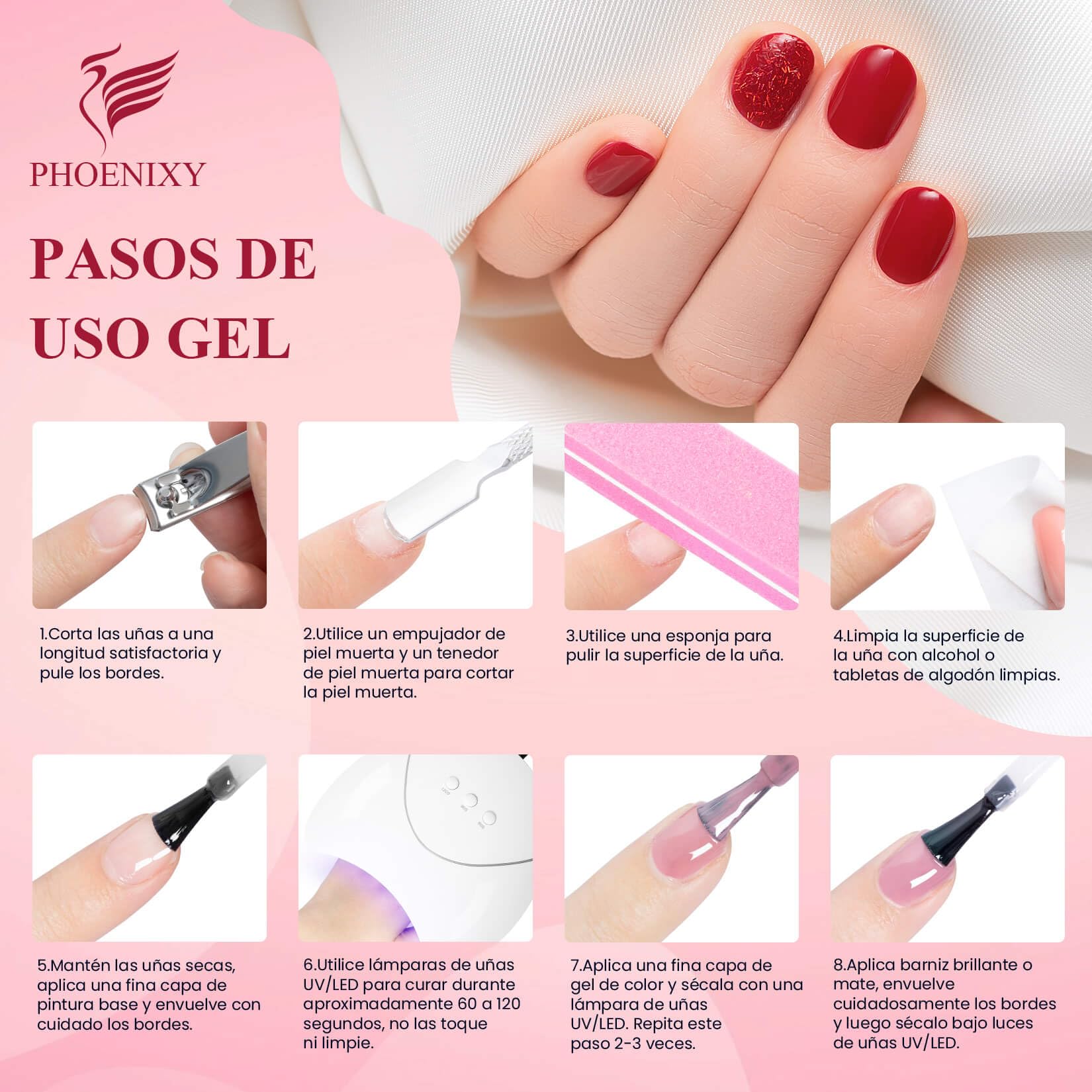 Kit Uñas Semipermanentes Phoenixy 40 Colores Esmalte Semipermanente con Lámpara 48W U V/LED Uñas Semipermanentes Kit Completo con Accesorios