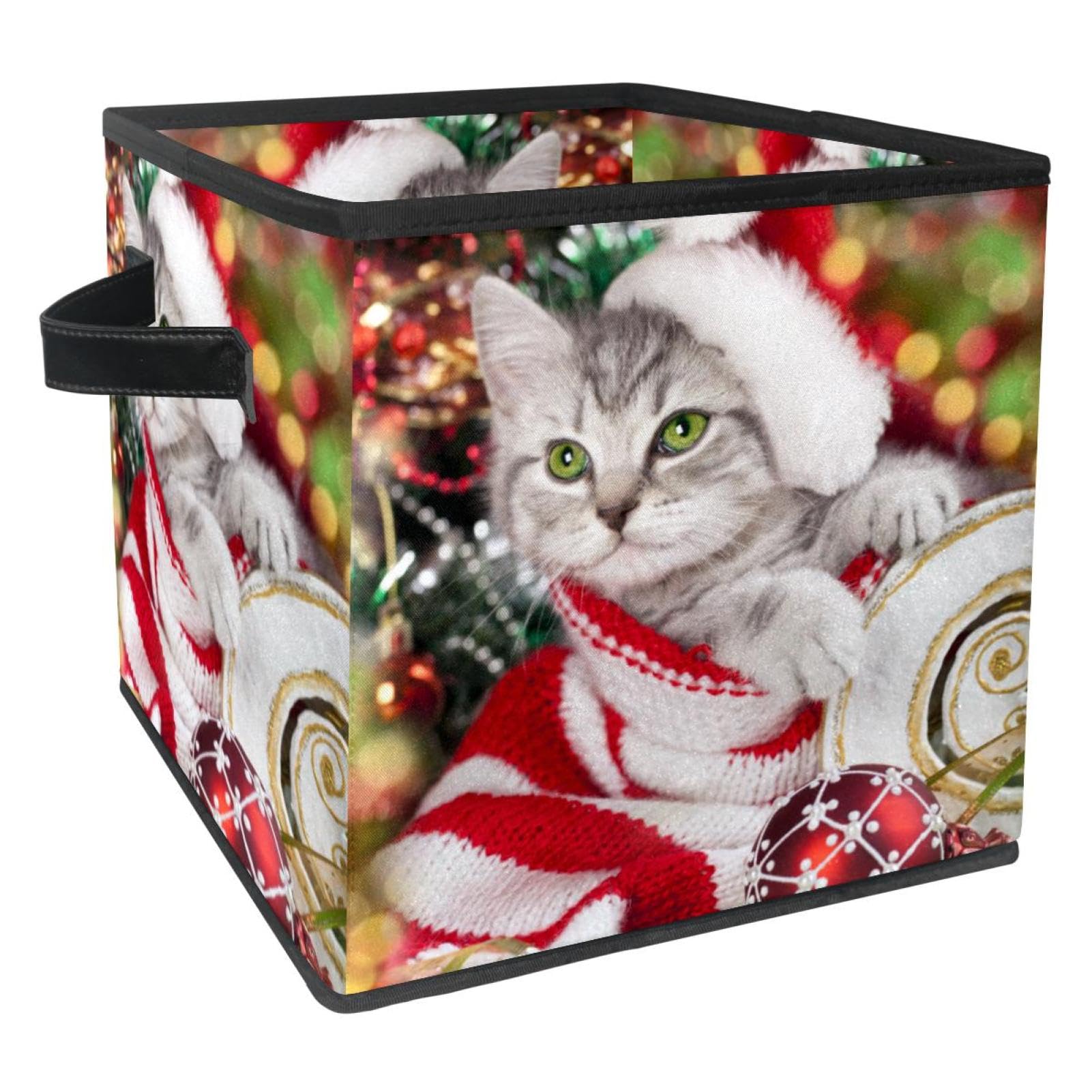 Boîte de rangement pliable en tissu motif chat de Noël pour placard