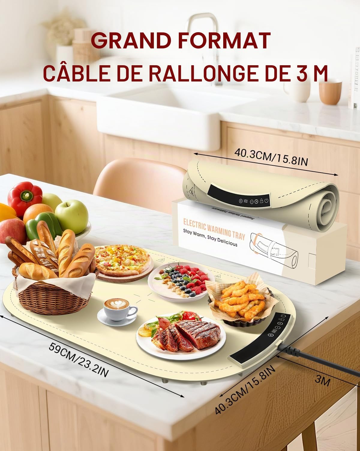 MYMULIKE Chauffe Plat Électrique à 9 Réglages de Température, Minuteur de 4 Heures, Garde Les Aliments au Chaud pour Les Buffets et Les Fêtes